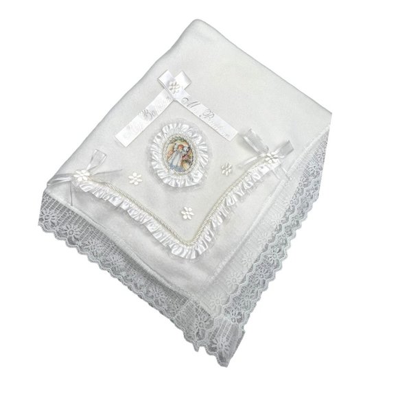 My Baptism Blanket White Christening Blanket Cotton/Fleece With Lace Trim - Picture 3 of 8